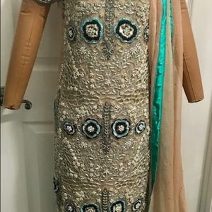 Peach georgette dress with silver and black work